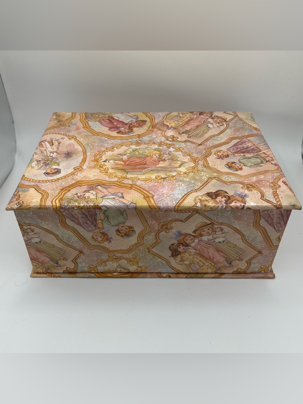 Vintage Cottagecore Coated Paper Padded Trinket Jewelry Box Mirror 9x6.75x3.25”